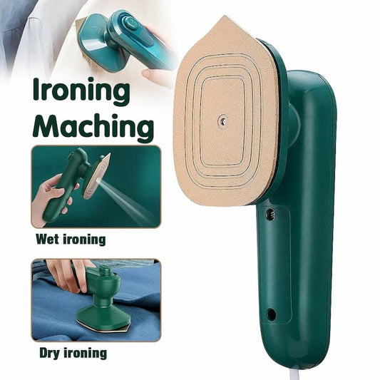 "Micro steam iron demonstrating wet and dry ironing modes on a handheld device with a green ergonomic handle."