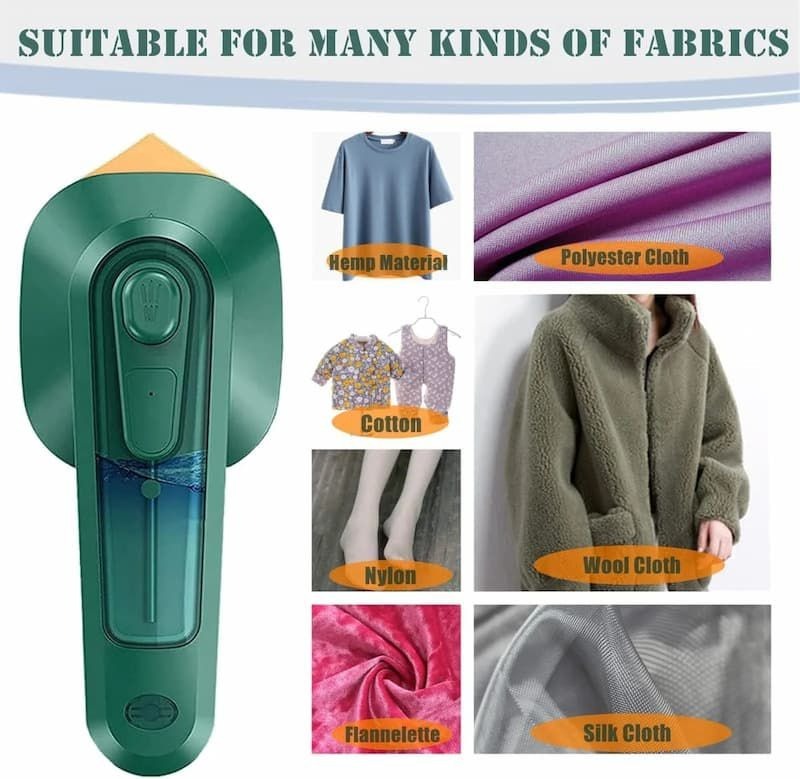 "Portable mini steam iron showing compatibility with various fabrics including cotton, silk, polyester, and wool."