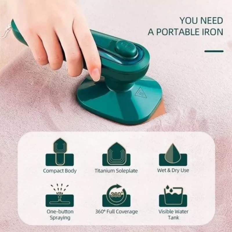 "Handheld travel iron features including titanium soleplate, compact body, wet and dry use, and one-button spraying."