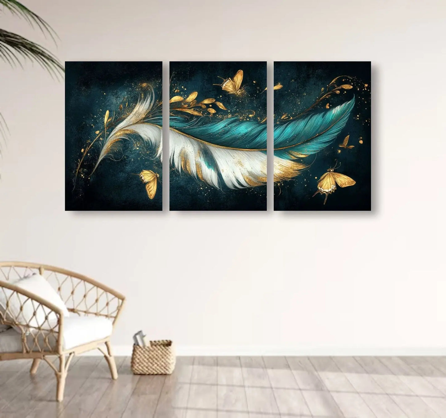 Havenly™ Aurora Luxe – 3-Piece Teal & Gold Feather Canvas Set | Luxury Feather Wall Decor| Premium Butterfly Accents - HAVENLY