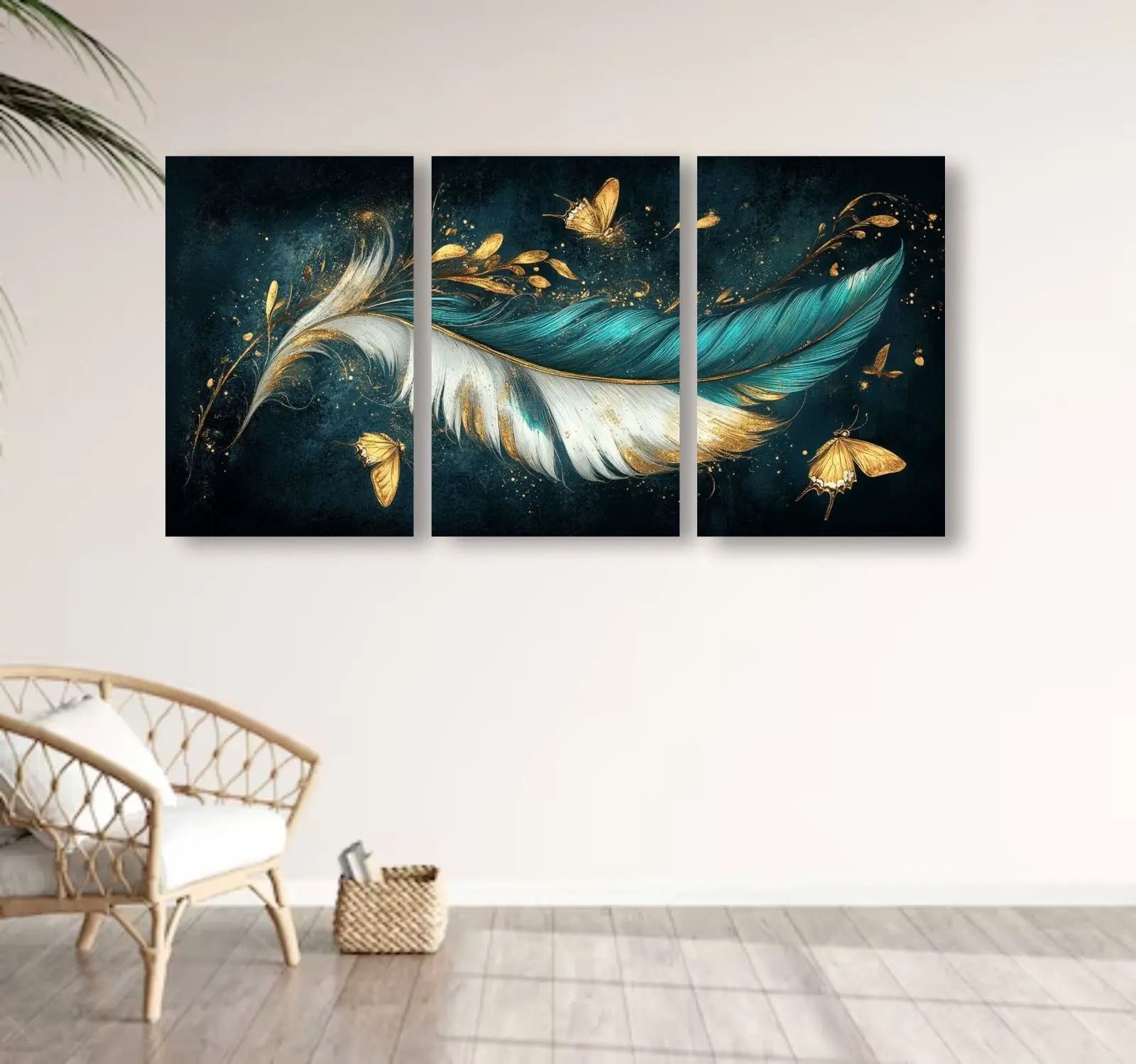 Havenly™ Aurora Luxe – 3-Piece Teal & Gold Feather Canvas Set | Luxury Feather Wall Decor| Premium Butterfly Accents - HAVENLY