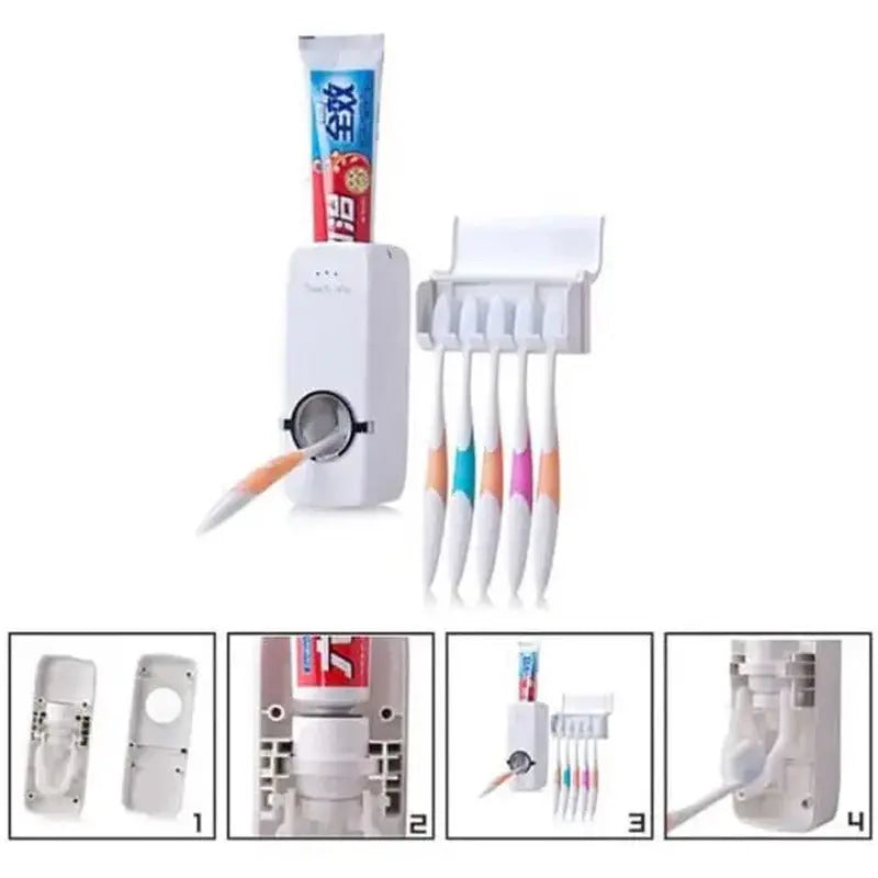 Havenly™ 2-in-1 Automatic Toothpaste Dispenser & Wall-Mounted 5-Brush Holder Set | Hygienic & Space-Saving Bathroom Organizer - HAVENLY