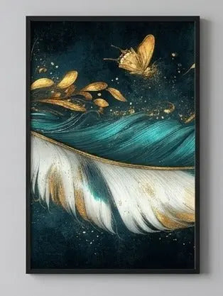 Havenly™ Aurora Luxe – 3-Piece Teal & Gold Feather Canvas Set | Luxury Feather Wall Decor| Premium Butterfly Accents - HAVENLY