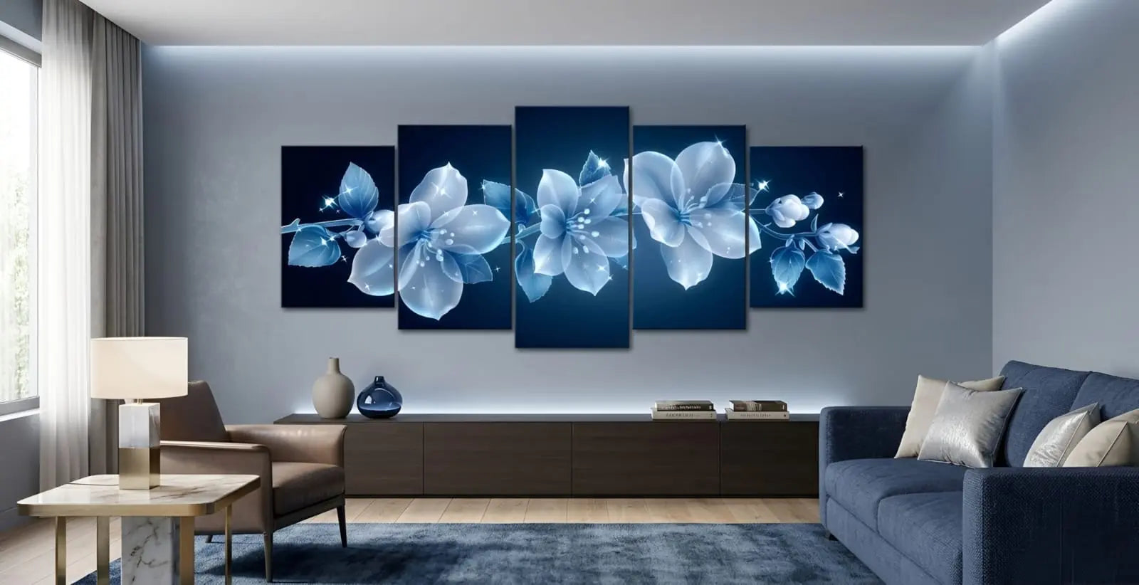 Havenly™ Blue Lumina – 5-Piece Premium Canvas Set | Ethereal Glowing Floral Wall Decor  | Ethereal Glowing Floral Art for Modern Living Rooms - HAVENLY
