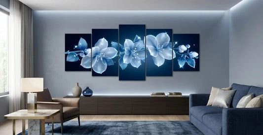 Havenly™ Blue Lumina – 5-Piece Premium Canvas Set | Ethereal Glowing Floral Wall Decor  | Ethereal Glowing Floral Art for Modern Living Rooms - HAVENLY